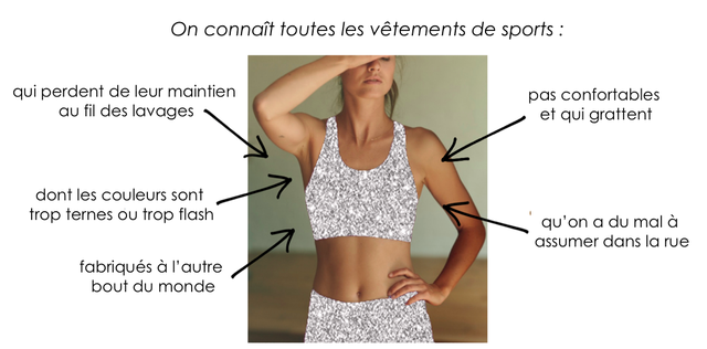 On connalt toutes les vetements de sports qui perdent de leur maintien pas confortables fil des lavages et qui grattent dont les couleurs sont trop ternes OU trop flash qu'on a du mal assumer dans la rue fabriques a I'autre bout du monde