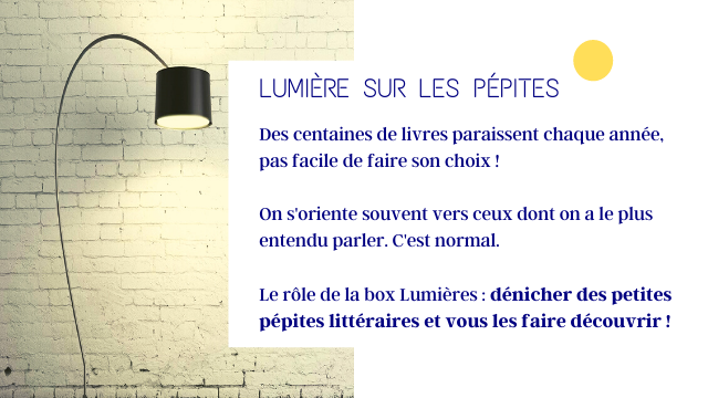 LUMIERE SUR LES PEPITES Des centaines de livres paraissent chaque annee, pas facile de faire son choix! On S'oriente souvent vers ceux dont on a le plus entendu parler. C'est normal Le role de la box Lumieres denicher des petites pepites litteraires et yous les faire decouvrir