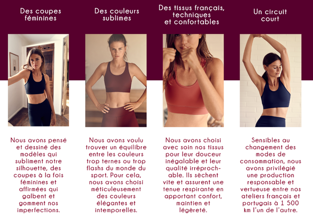Des coupes Des couleurs Des tissus francais, feminines techniques Un circuit sublimes et confortables court Nous avons pense Nous avons voulu Nous avons choisi Sensibles qu et dessine des trouver un equilibre avec soin nos tissus changemen des modeles qui entre les couleurs pour leur douceur modes de subliment notre trop ternes trop inegalable et leur consommation, nous silhouette, des flashs du monde du qualite irreproch- avons privilegie coupes a la fois sport Pour cela, able. sechent une production feminines et nous avons choisi vite et assurent une responsable et affirmees qui meticuleusement tenue respirante en vertueuse entre nos galben et des couleurs apportant confort, ateliers francais et gomment nos elegantes et maintien et portugais a 1 500 imperfections. intemporelles. legerete km I'un de I'autre.