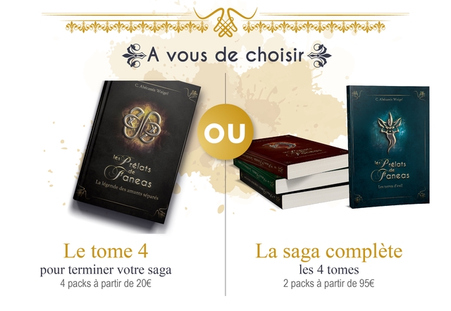 A VOUS de choisir C. Abecassis Weigel OU elats les Prelats de faneas Les terres d'exil amants separes Le tome 4 La saga complete pour terminer votre saga les 4 tomes 4 packs a partir de 20E 2 packs a partir de