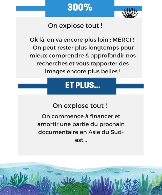 300% On explose tout ! Ok la, on va encore plus loin MERCI On peut rester plus longtemps pour mieux comprendre & approfondir nos recherches et vous rapporter des images encore plus belles ! ET PLUS.. On explose tout ! On commence a financer et amortir une partie du prochain documentaire en Asie du Sud- est...