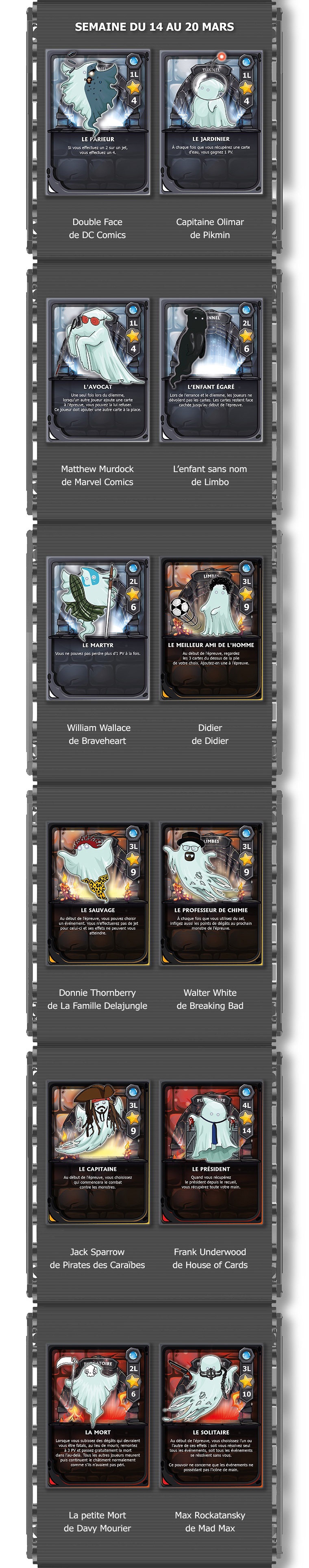 SEMAINE DU 14 AU 20 MARS JARDINIER Double Face Capitaine Olimar de DC Comics de Pikmin L'AVOCAT Matthew Murdock L'enfant sans nom de Marvel Comics de Limbo LE MARTYR LE MEILLEUR AMI DE L'HOMME William Wallace Didier de Braveheart de Didier SAUVAGE E PROFESSEUR DE CHIMIE Donnie Thornberry Walter White de La Famille Delajungle de Breaking Bad CAPITAINE LE PRÉSIDENT Jack Sparrow Frank Underwood de Pirates des Caraïbes de House of Cards LA MORT LE SOLITAIRE La petite Mort Max Rockatansky de Davy Mourier de Mad Max