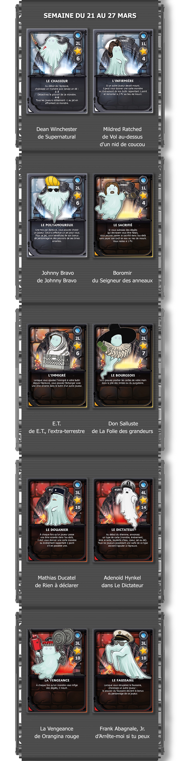 SEMAINE DU 21 AU 27 MARS 2L 1L 6 LE CHASSEUR L'INFIRMIÈRE Désactivez le monstre. 4-6 monstre. Dean Winchester Mildred Ratched de Supernatural de Vol au-dessus d'un nid de coucou POLYAMOUREUX LE SACRIFIÉ Johnny Bravo Boromir de Johnny Bravo du Seigneur des anneaux 2L 2L L'IMMIGRÉ LE BOURGEOIS purgatoire. E.T. Don Salluste de E.T., l'extra-terrestre de La Folie des grandeurs 3L 4L 10 14 LE DOUANIER DICTATEUR annoncez Mathias Ducatel Hynkel de Rien à déclarer dans Le Dictateur 3L 3L 10 LA VENGEANCE LE FAUSSAIRE monstre La Vengeance Frank Abagnale, Jr. de Orangina rouge d'Arrête-moi si tu peux