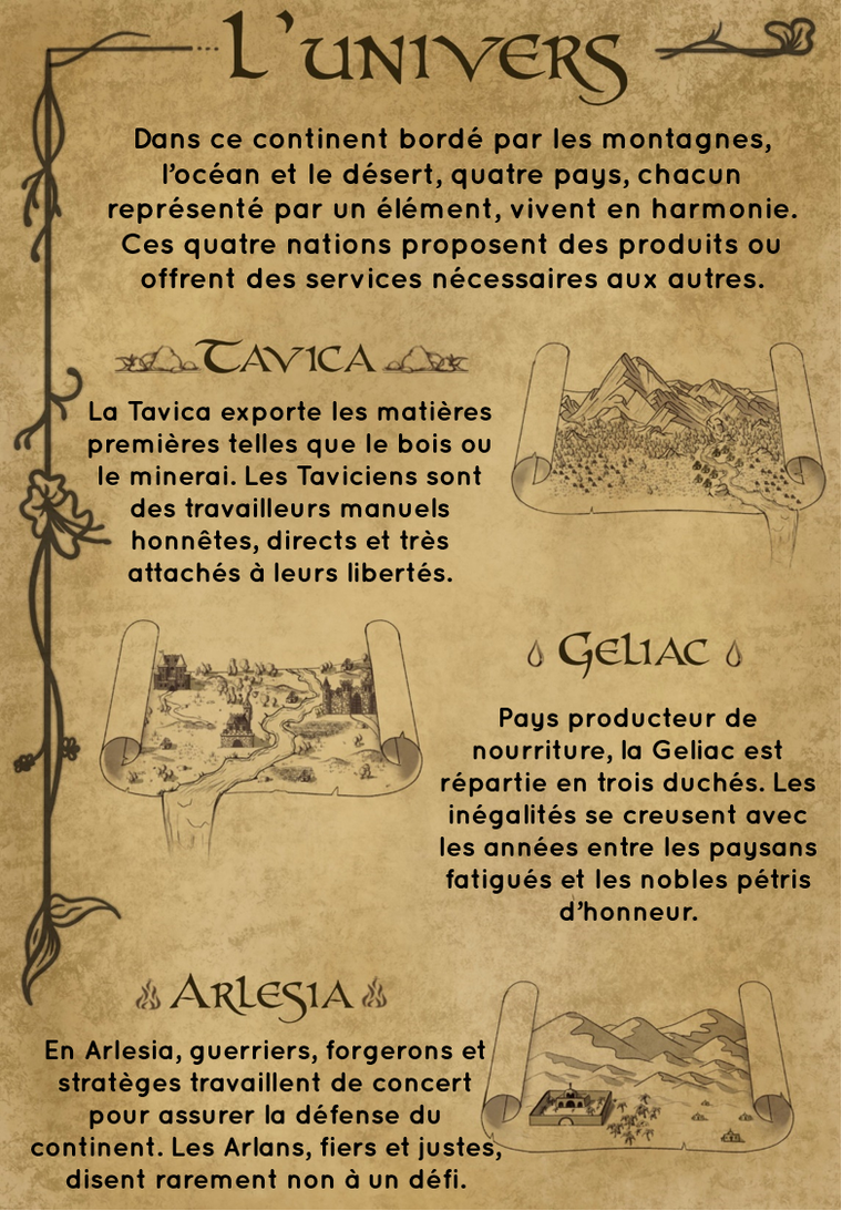 L'UNIVERS Dans ce continent bordé par les montagnes, l'océan et le désert, quatre pays, chacun représenté par un élément, vivent en harmonie. Ces quatre nations proposent des produits ou offrent des services nécessaires aux autres. La Tavica exporte les matières premières telles que le bois ou le minerai. Les Taviciens sont des travailleurs manuels honnêtes, directs et très attachés à leurs libertés. 0 Pays producteur de nourriture, la Geliac est répartie en trois duchés. Les inégalités se creusent avec les années entre les paysans fatigués et les nobles pétris d'honneur. is is En Arlesia, guerriers, forgerons et stratèges travaillent de concert pour assurer la défense du continent. Les Arlans, fiers et justes, disent rarement non à un défi.