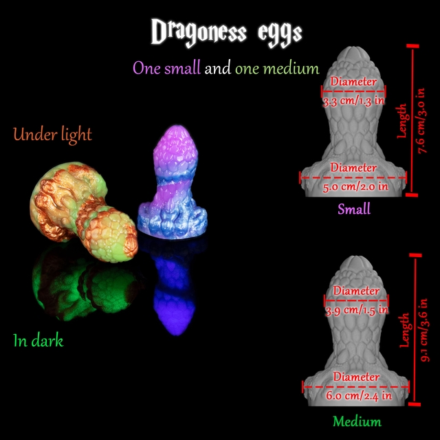 Dragoness eggs One small and one medium Diameter cm/1.3 in Under light Diameter 5.0 cm/2.o in Small Diameter 3.9 cm/1.5 in dark Diameter 6.0 cm/2.4 in Medium