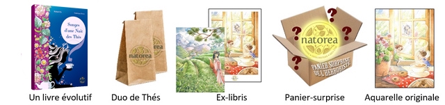 1 3 natorea natorea Un livre evolutif Duo de Thes Ex-libris Panier-surprise Aquarelle originale