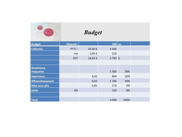 Budget Budget Objectif: 200 ex Collectes PTTC: 20,00 4 000 tva 1,05 E 210 PHT 18,95 3 790 Graphisme, maquette 1500 38% Imprimeur 4,02 804 20% Affranchissement 6,03 1 206 30% Mise sous plis 0,85 170 4% Ulule 8% 320 8% Total 4 000 100%